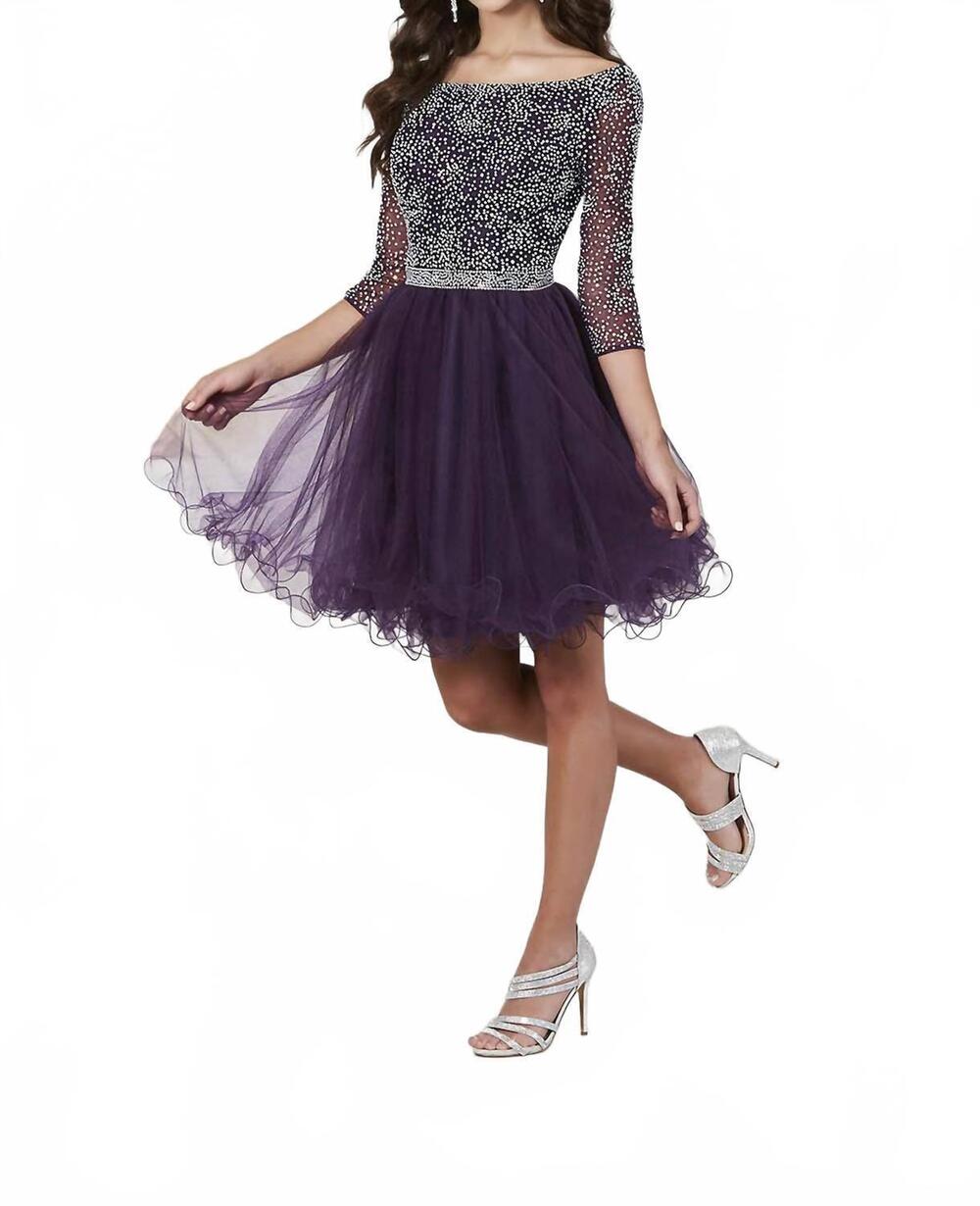 NEW HOUSE OF WU short tulle dress with three quarter sleeve in plum purple